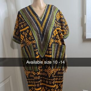 V-Neck Midi Dress in Mustard Yellow and Olive